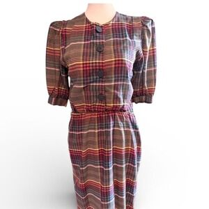 Scarlett Vintage Plaid Button Front Midi Dress Puff Sleeve Size 9/10